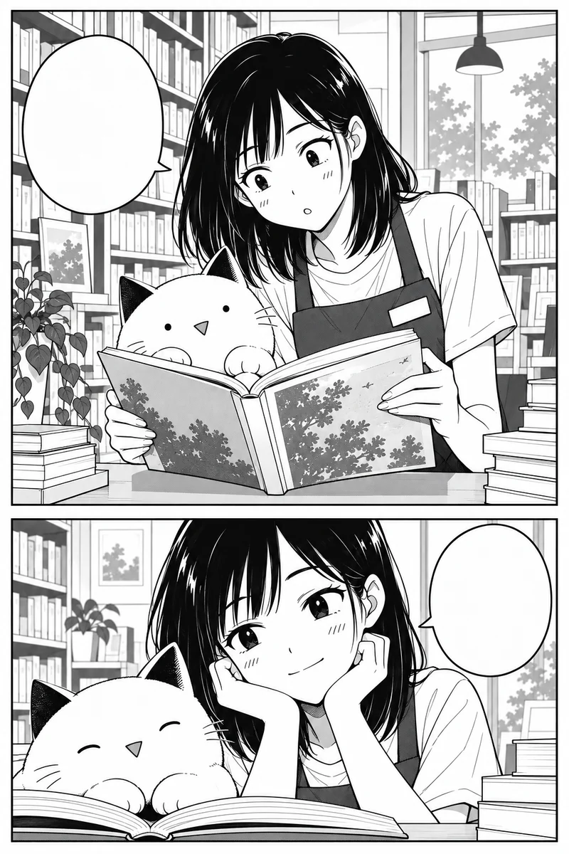 An original manga of a bookshop reader and a white cat, displayed inside a phone.